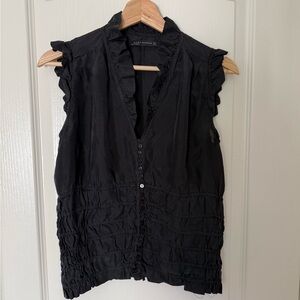 Zara Black Button-Up Ruffled Blouse